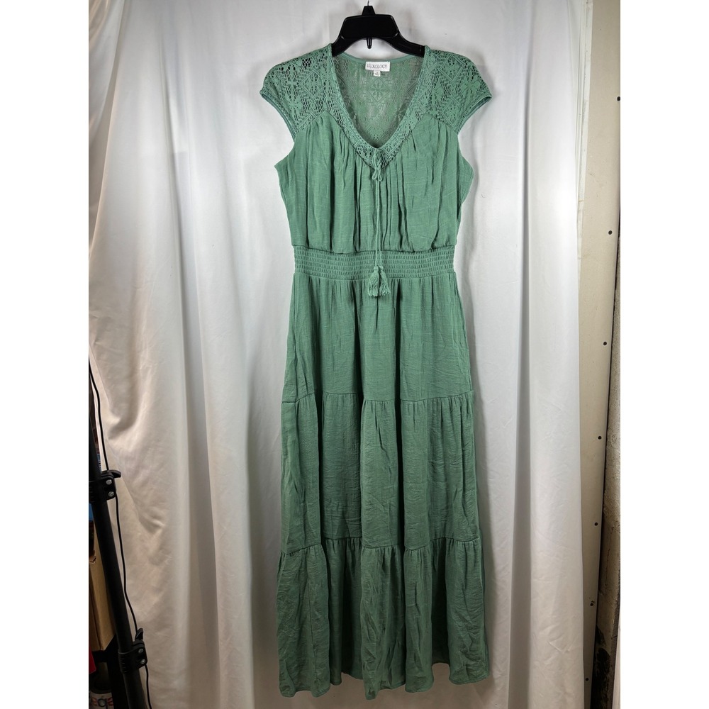 Luxology Sage Green Crochet Lace Yoke Smocked Tiered Maxi Dress Small Y8254114